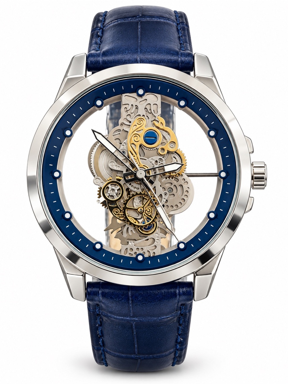 Skeleton Style Watch Silver Gold Open Dial Blue Leather Strap